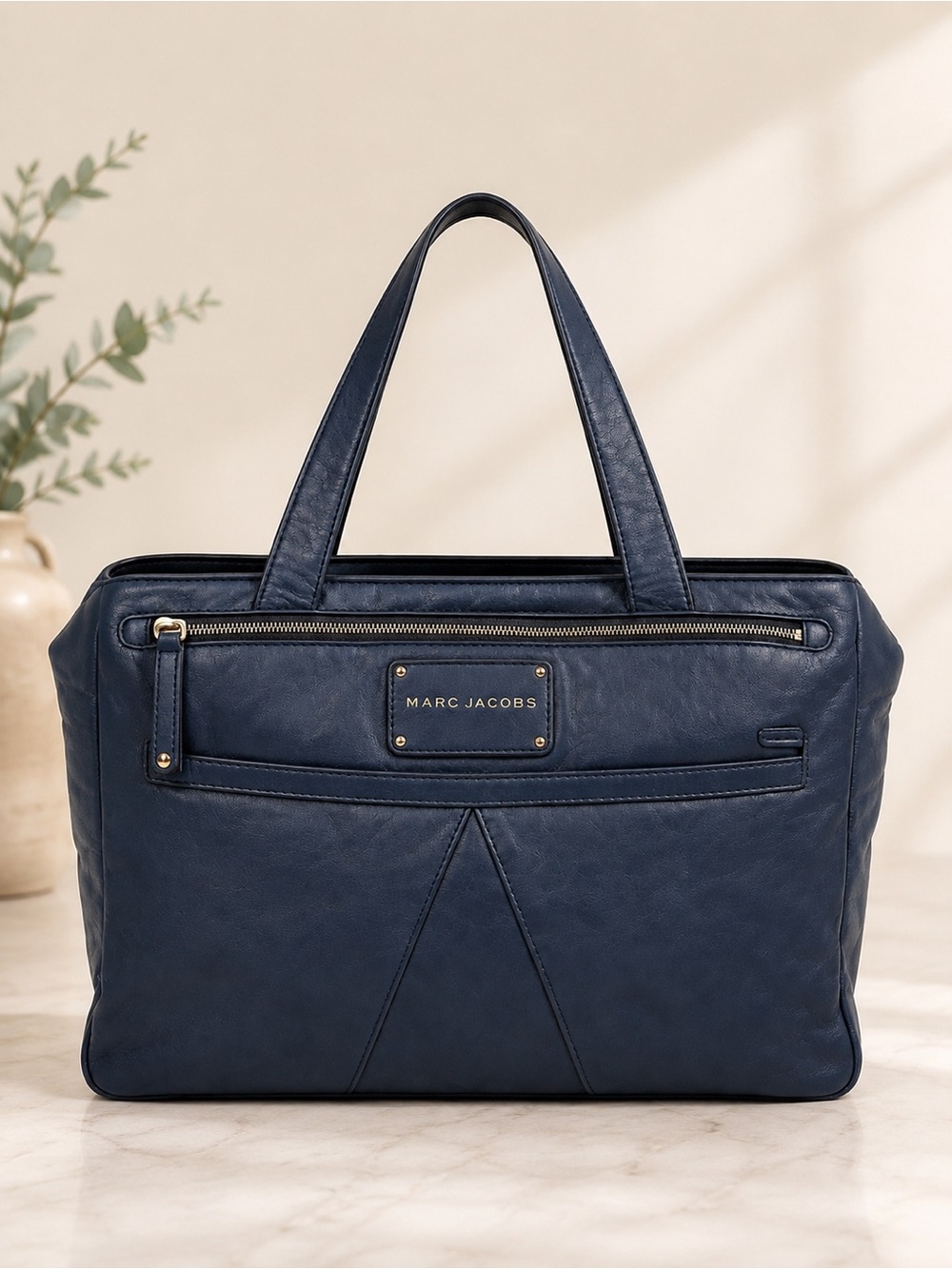 Marc By Blue Leather Tote Bag Large Shoulder Bag Work Laptop Travel Purse